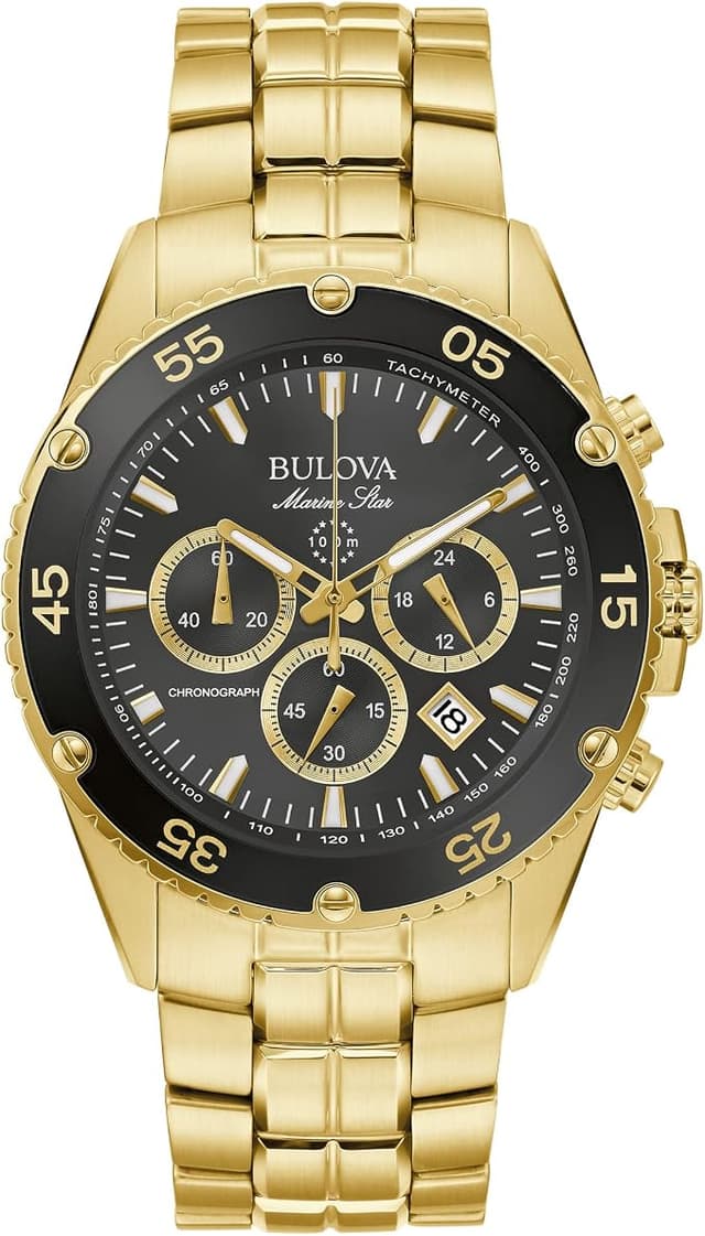 Bulova Men's Marine Star Gold Chronograph Stainless Steel Watch, Black Dial Style: 98B406